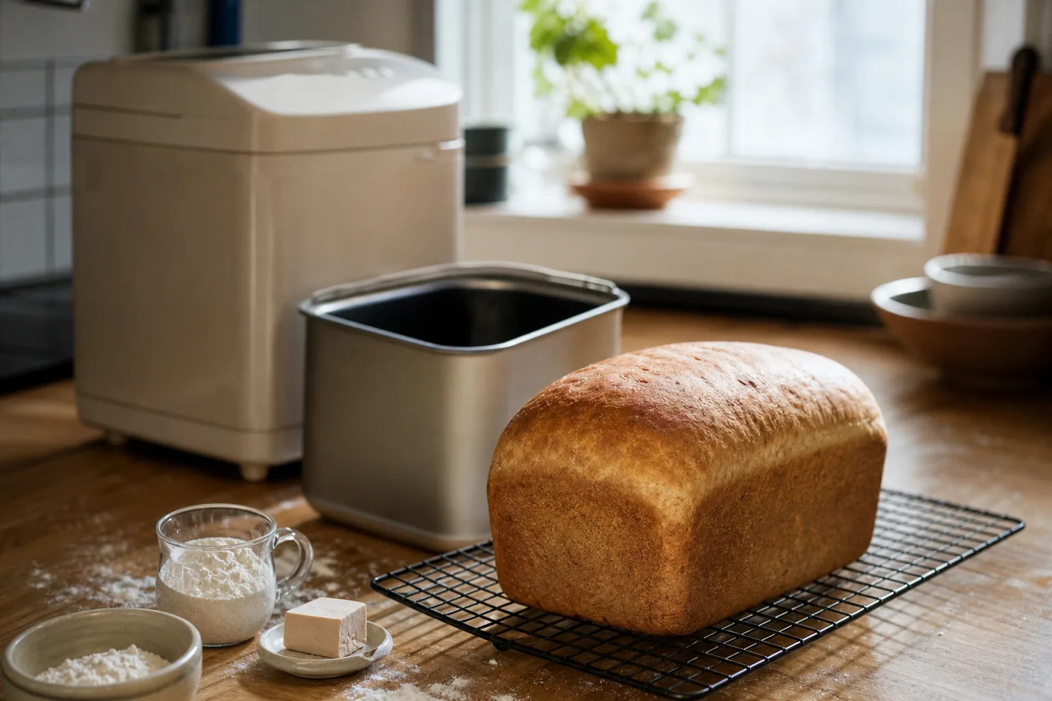 Bakform med sliten beläggning bredvid en öppnad bakmaskin