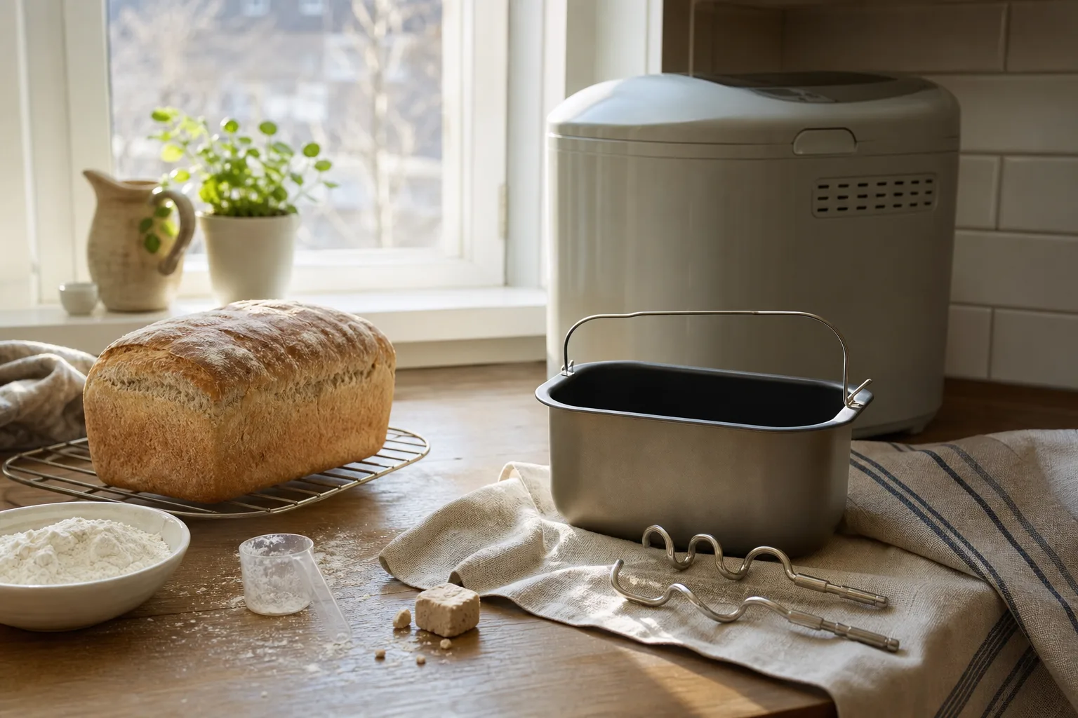 Bakform med degkrok och en nybakad limpa på skärbräda i ett kök