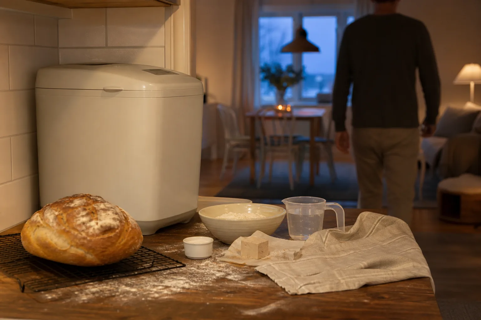 Bakmaskin på köksbänk med degkroken synlig i den öppna formen