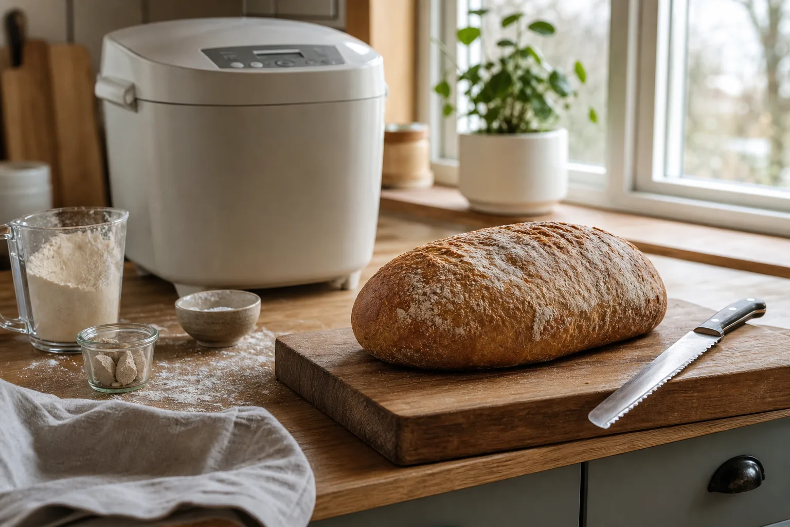 Brödkniv och skärlåda bredvid en skivad bakmaskinslimpa