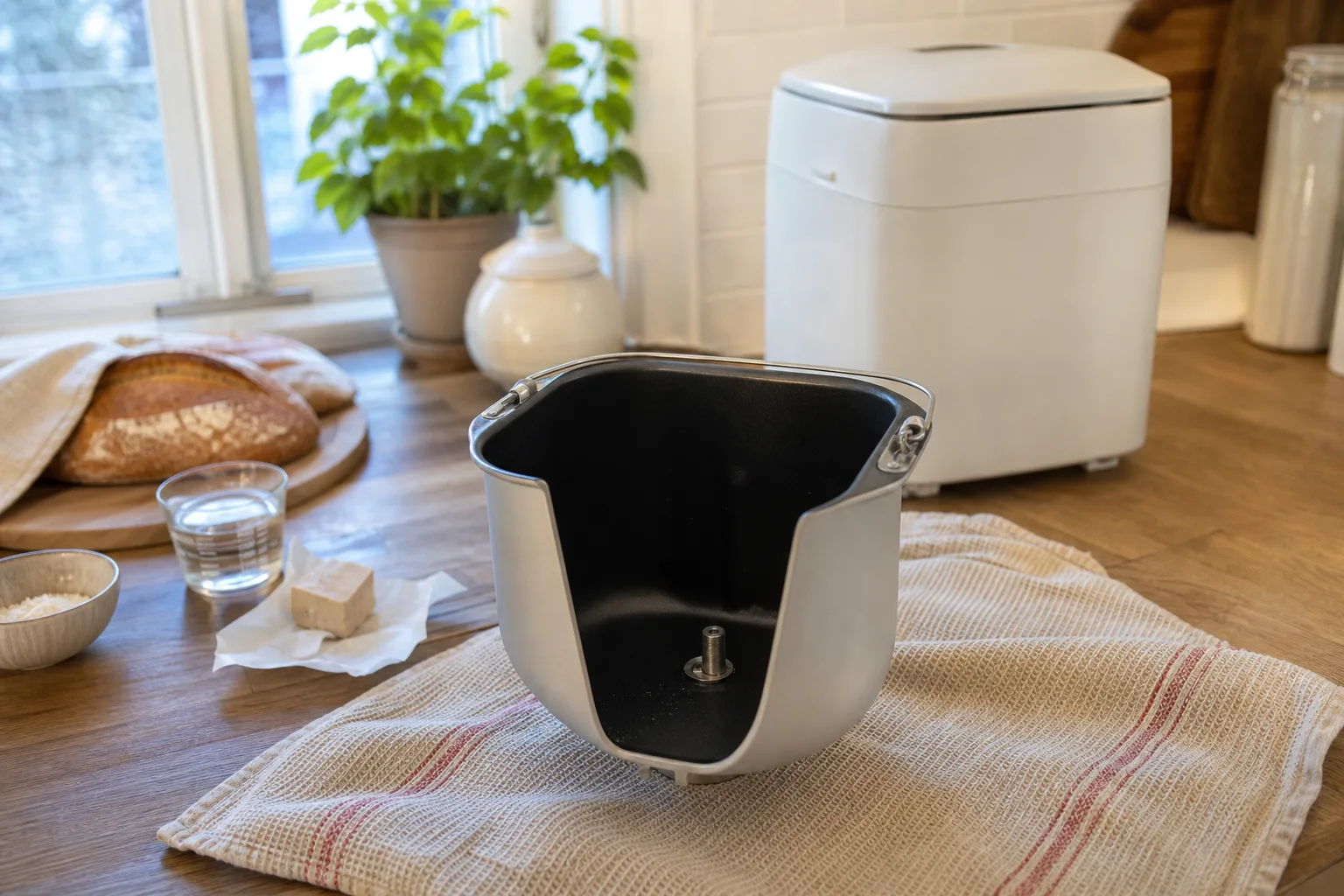 Degkrok och bakform läggs i varmt vatten bredvid en avstängd bakmaskin