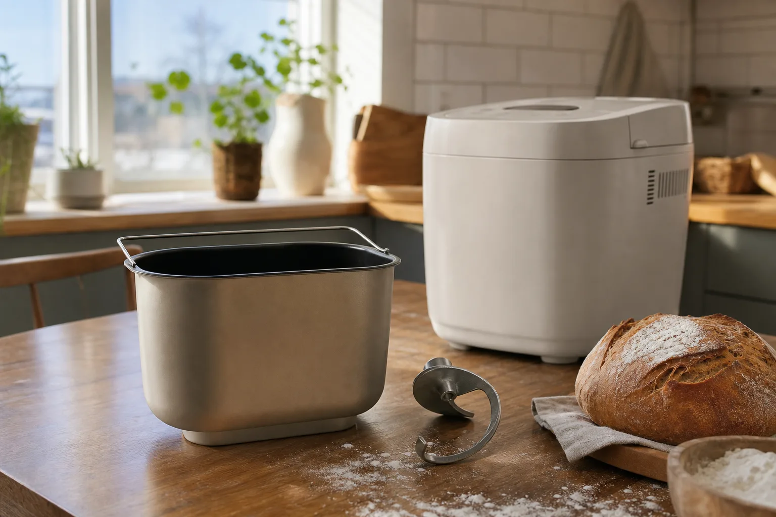 Degkrok och bakform bredvid en öppnad bakmaskin