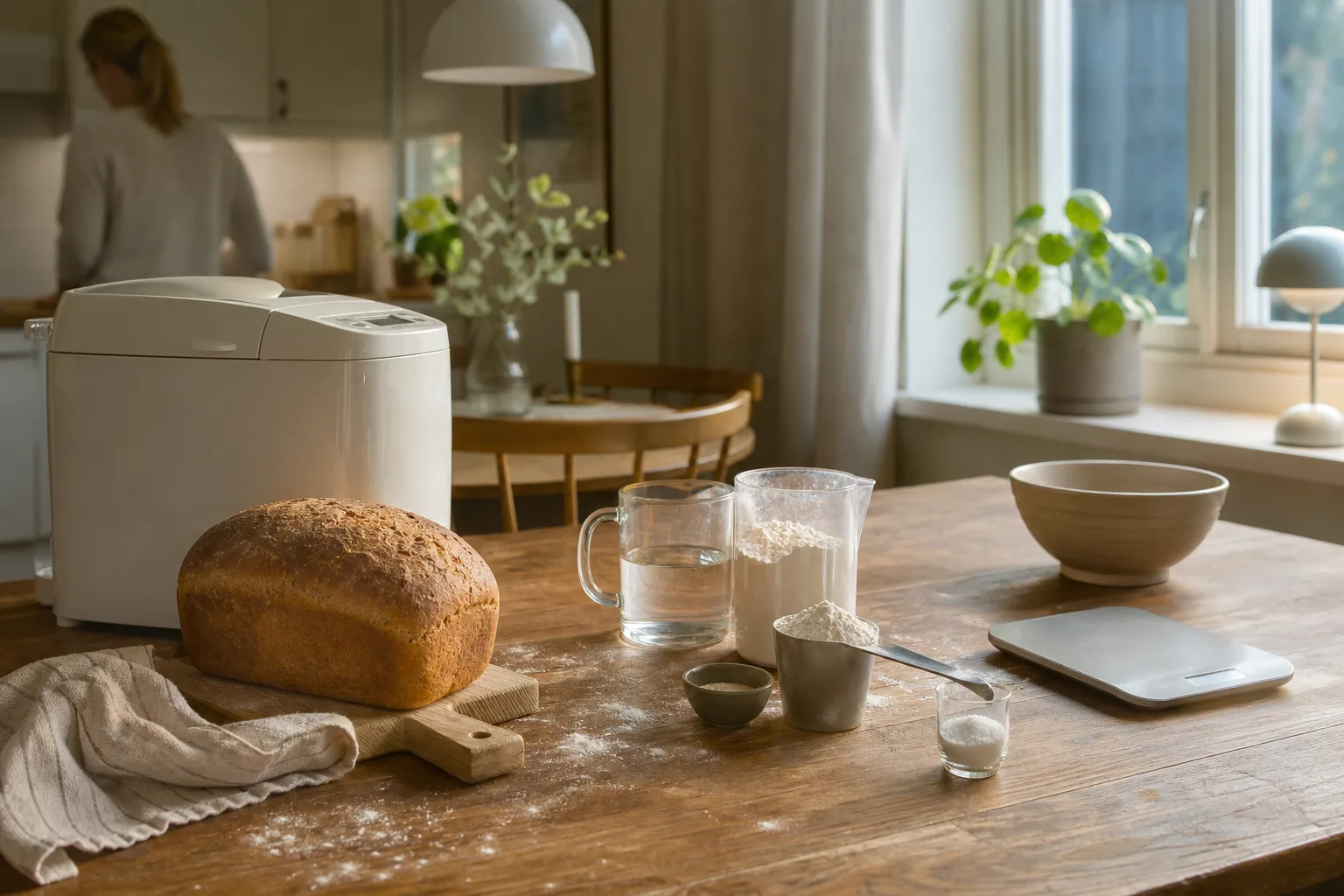 Bakmaskin limpa köksvåg och uppmätta ingredienser på svenskt köksbord