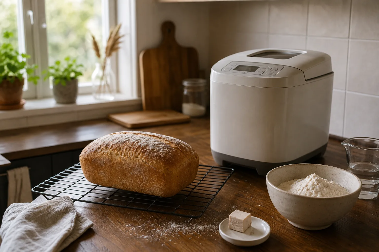 Glutenfritt bröd skuret i skivor bredvid en bakmaskin