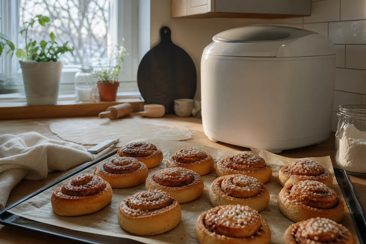 Färdiggräddade kanelbullar på plåt med neutral bakmaskin i bakgrunden