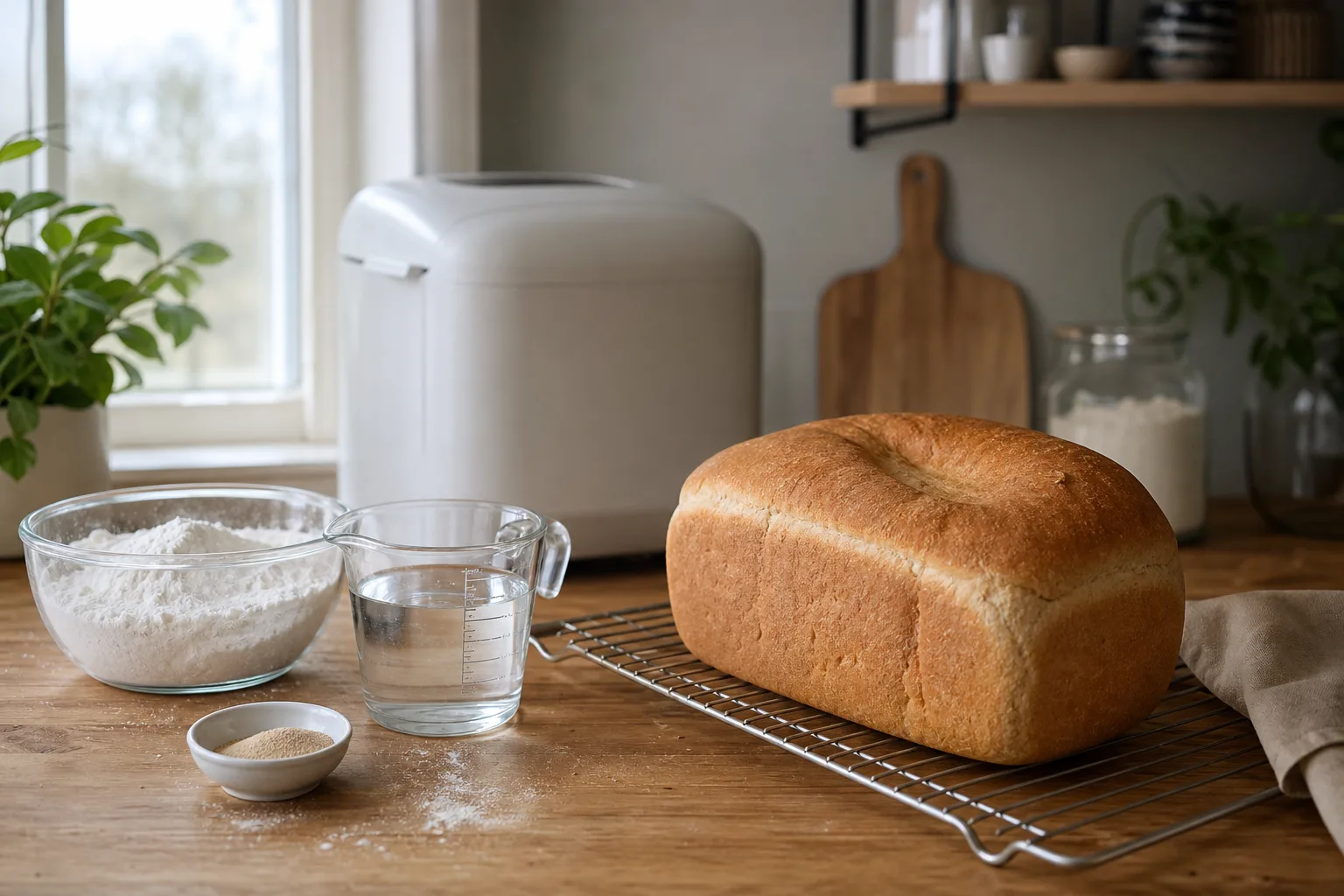 Bakat bröd med insjunken topp bredvid en öppen bakmaskin