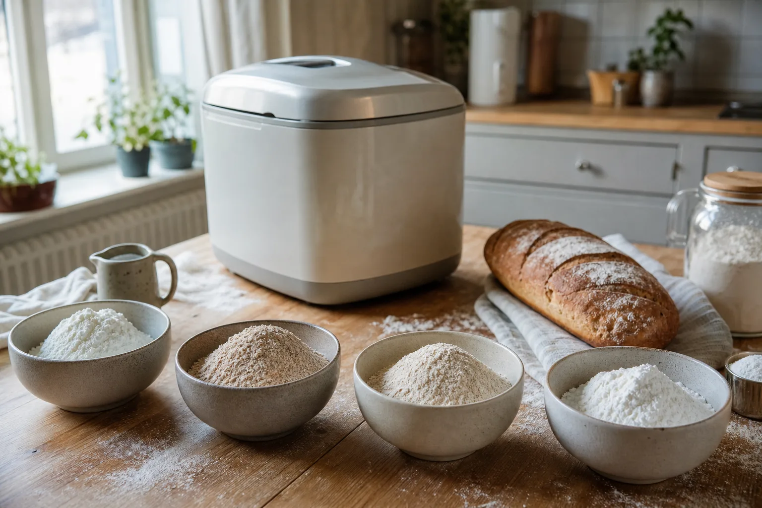 Olika mjölsorter uppmätta bredvid en öppnad bakform
