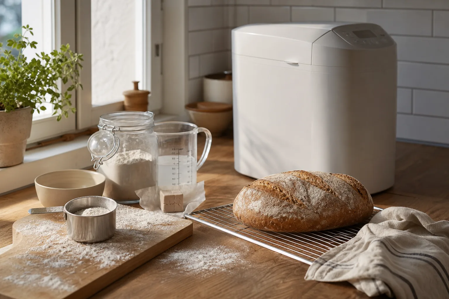 Anteckningsbok och kaffekopp bredvid en bakmaskin i ett kök