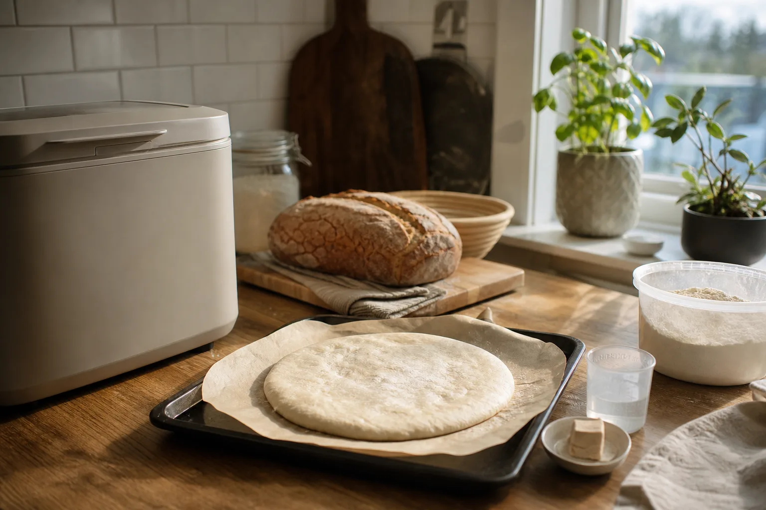 Rund pizzadeg på plåt bredvid neutral bakmaskin och mjöl