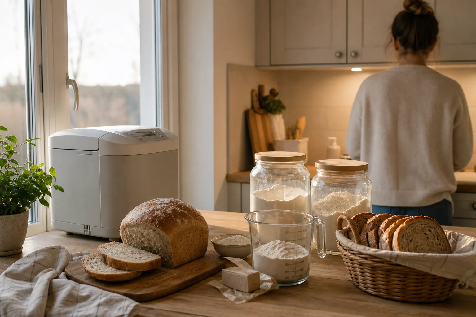 Nybakad limpa på skärbräda framför en bakmaskin i ett vardagskök