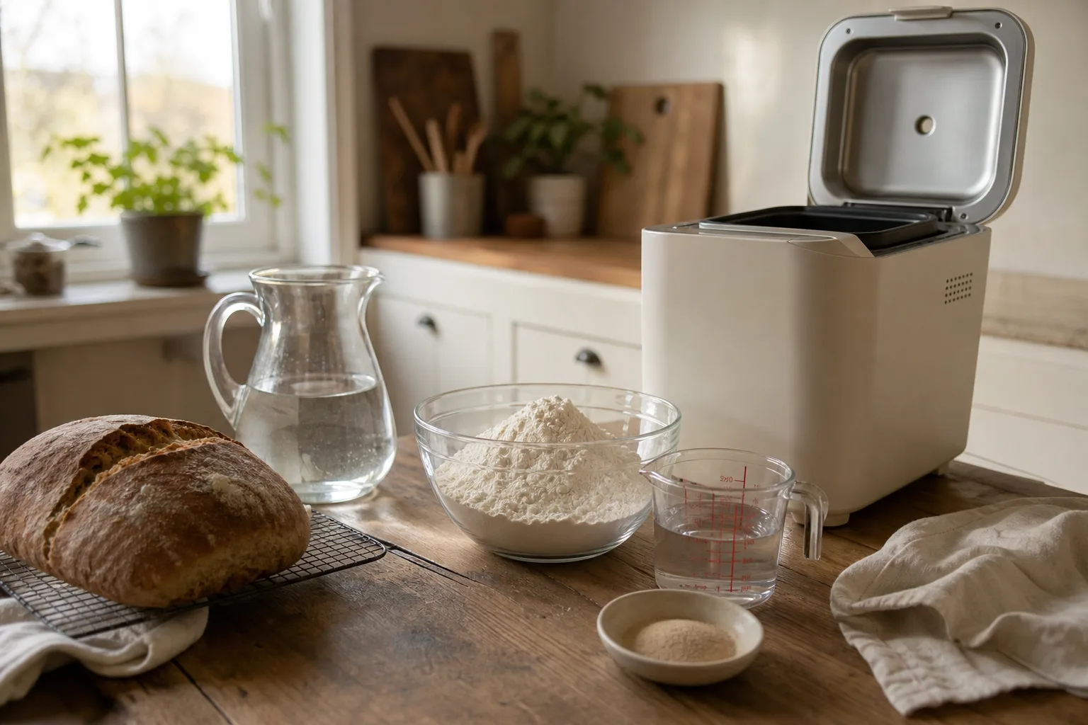 Nybakat bröd, mjöl och jäst bredvid en öppen bakmaskin