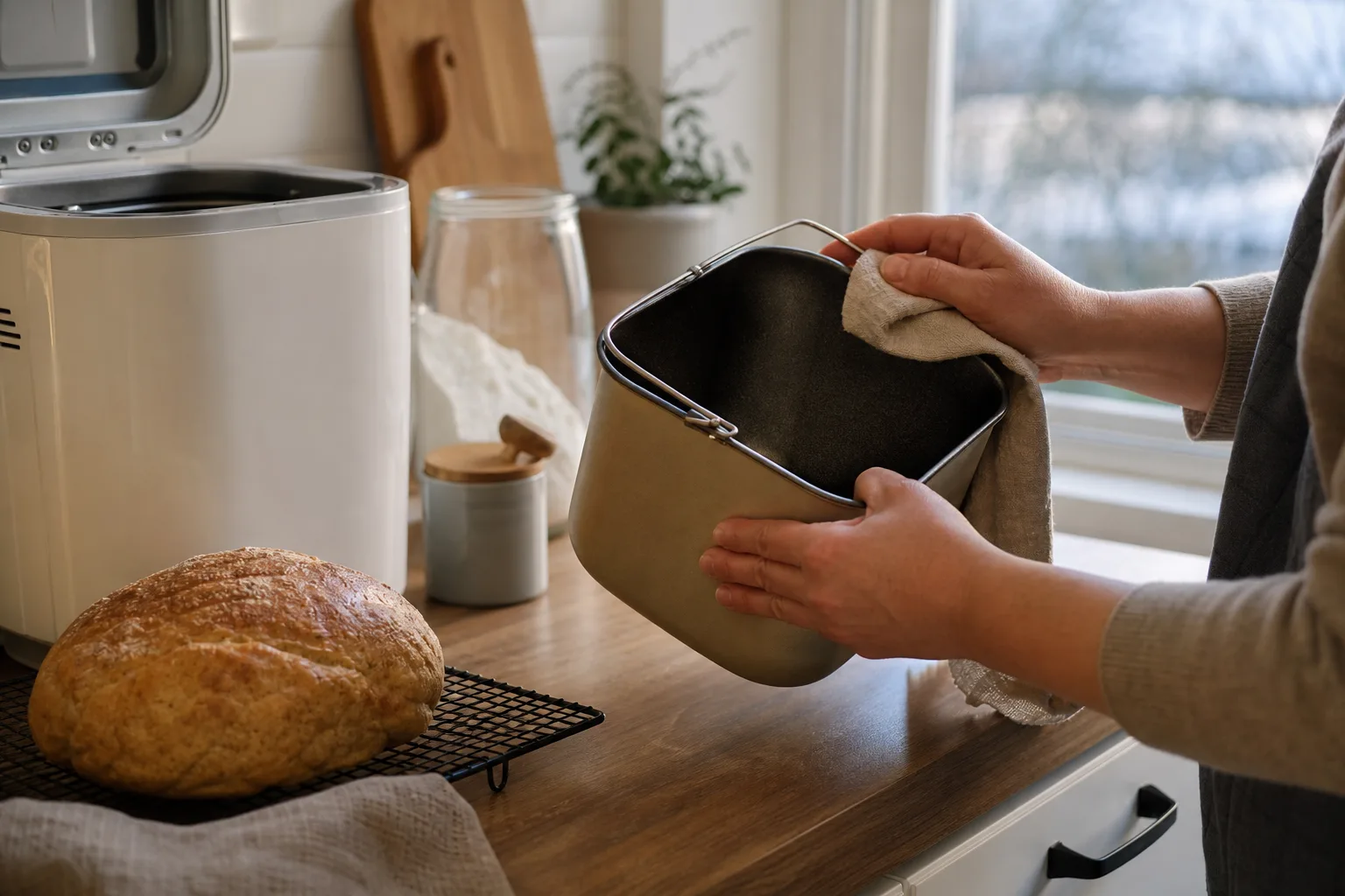 Bakform och knådningsblad läggs i varmt vatten bredvid en avstängd bakmaskin