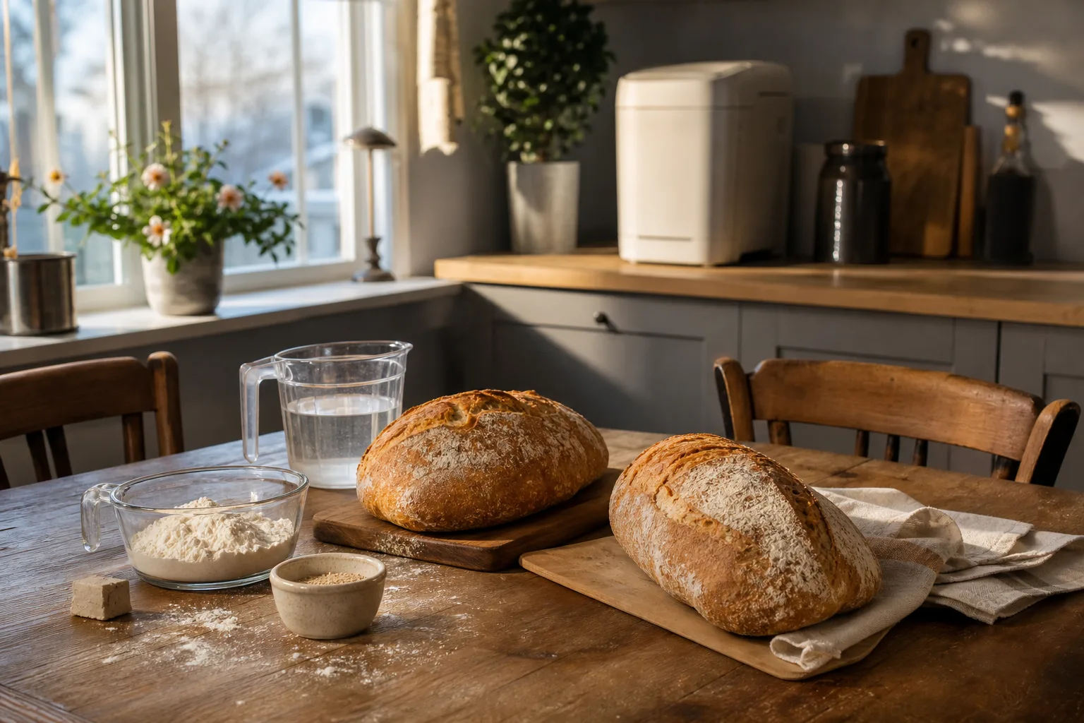 Anteckningsblock och kaffekopp bredvid en bakmaskin i ett kök