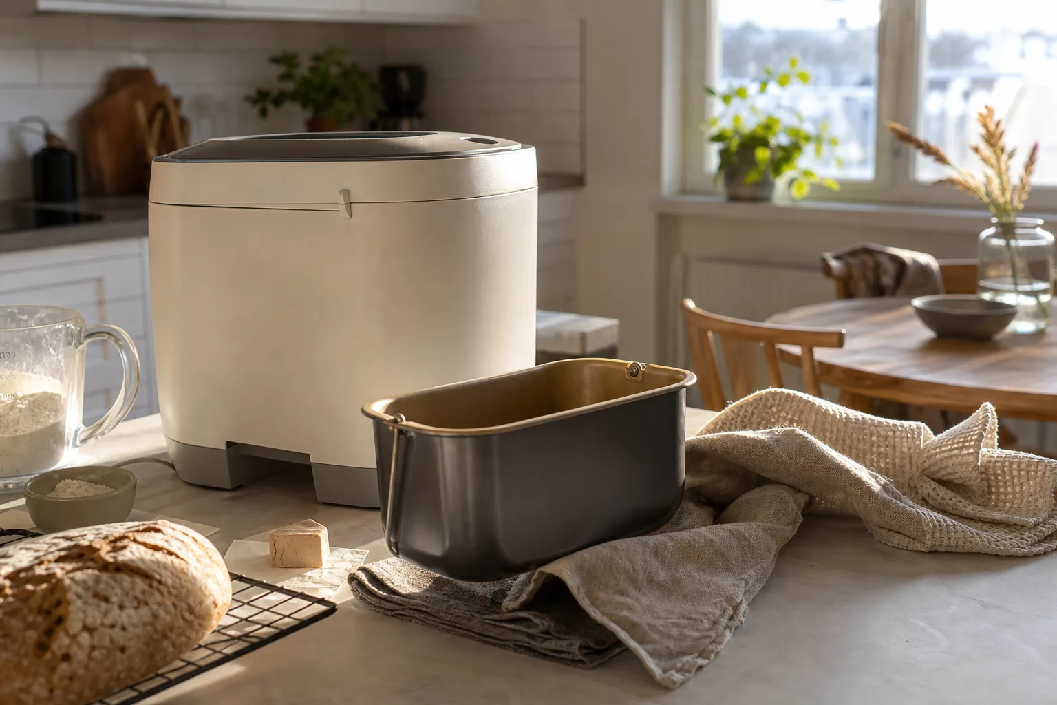 Bakform och degkrok läggs i varmt vatten bredvid en avstängd bakmaskin