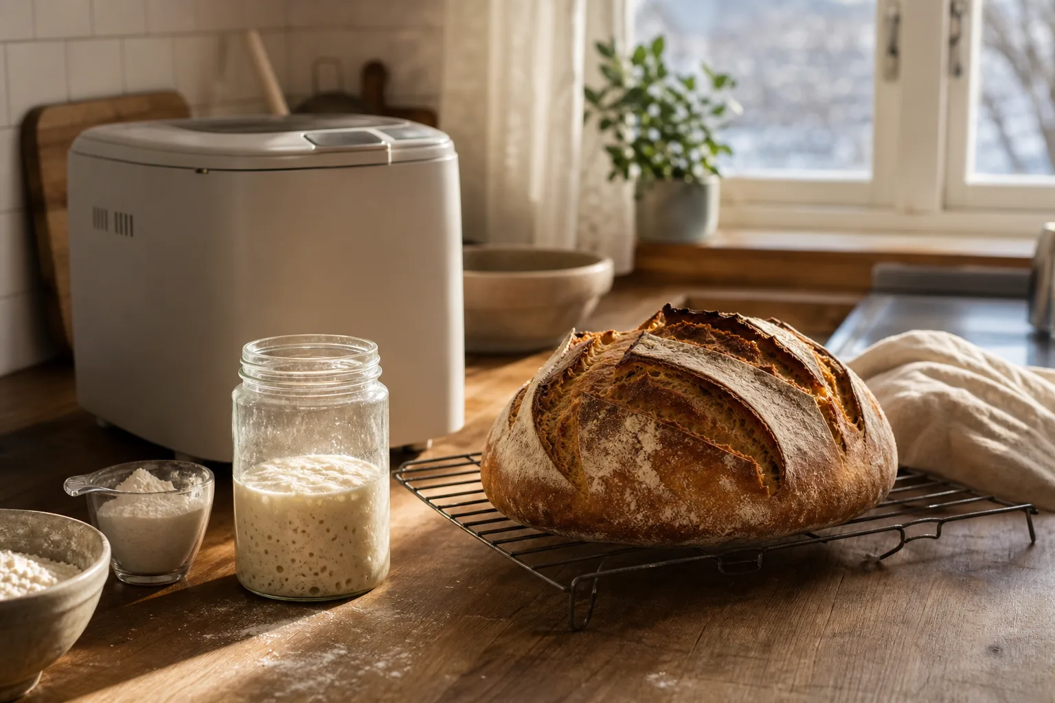 Surdegsbröd skuret i skivor bredvid en bakmaskin