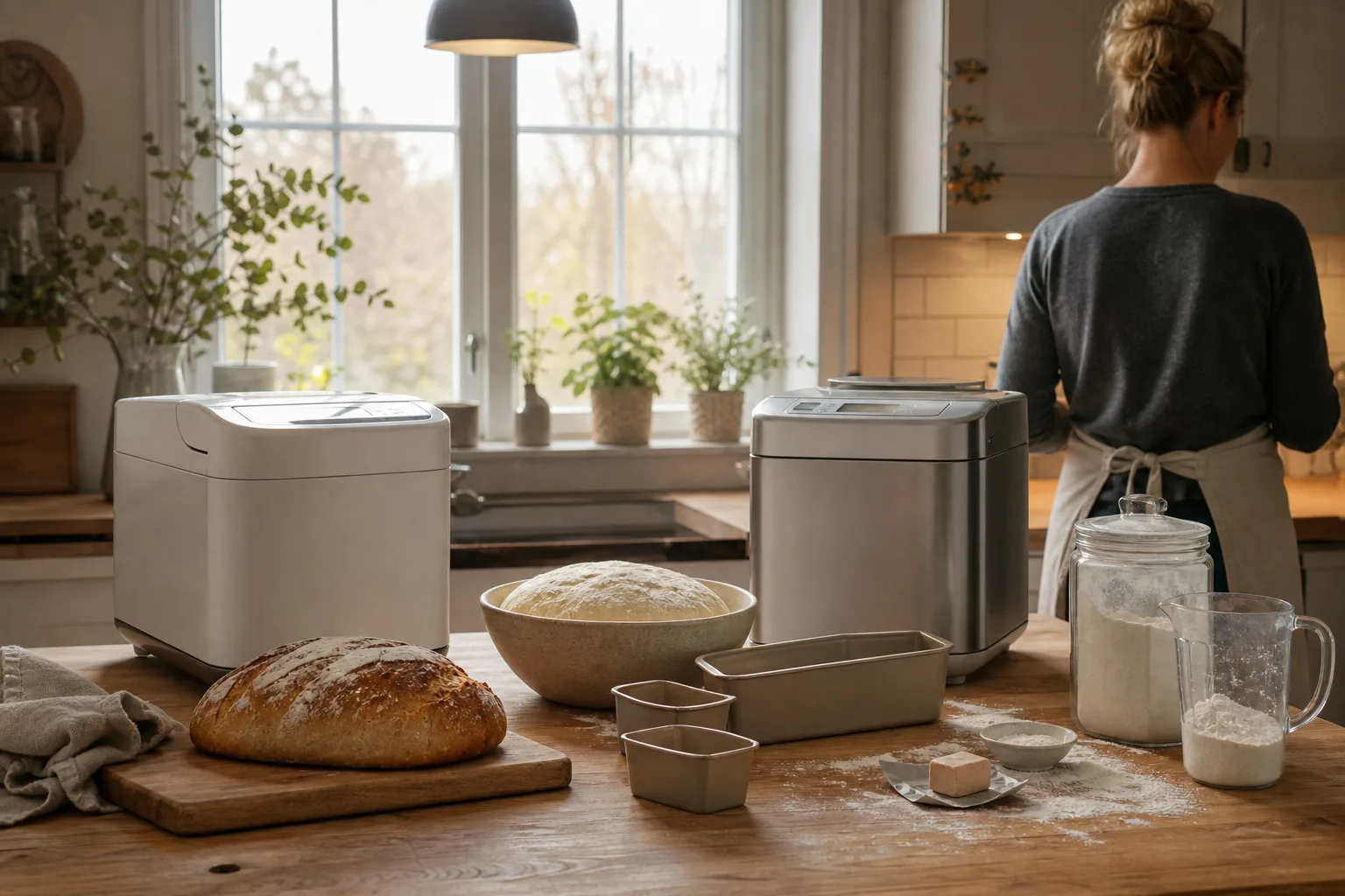 Två bakmaskiner på en köksbänk med färdig limpa, jäsande deg och baguetteplåtar