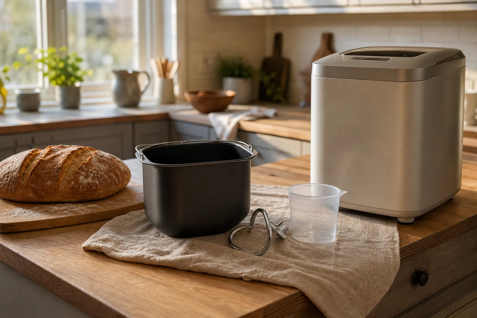 Bakform, degkrok, jäst och mjöl uppradade bredvid en bakmaskin