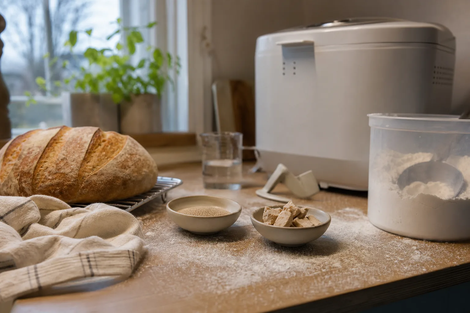 Paket torrjäst och en bit färsk jäst bredvid bakmaskinens öppna form