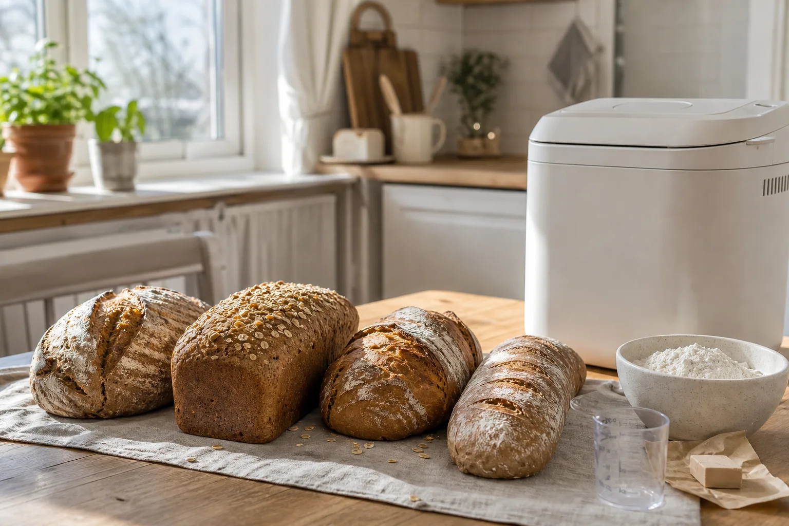 Sex olika bakmaskiner uppställda i rad på ett köksbänk