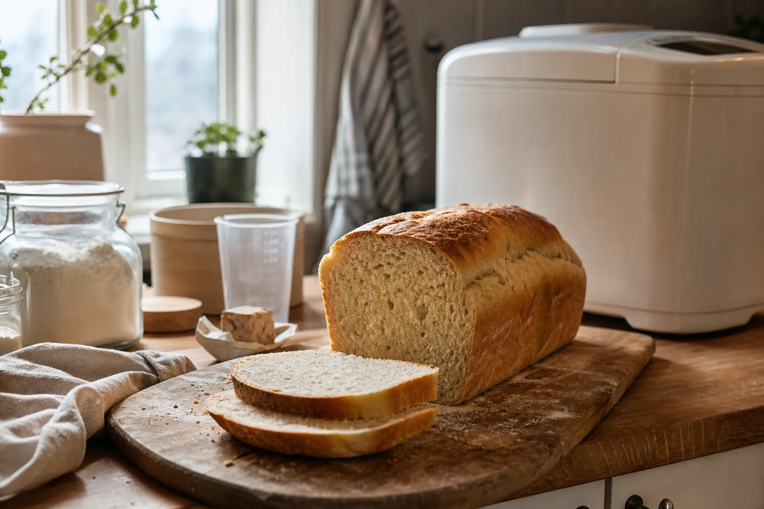Nybakat vitt bröd skivat bredvid en bakmaskin